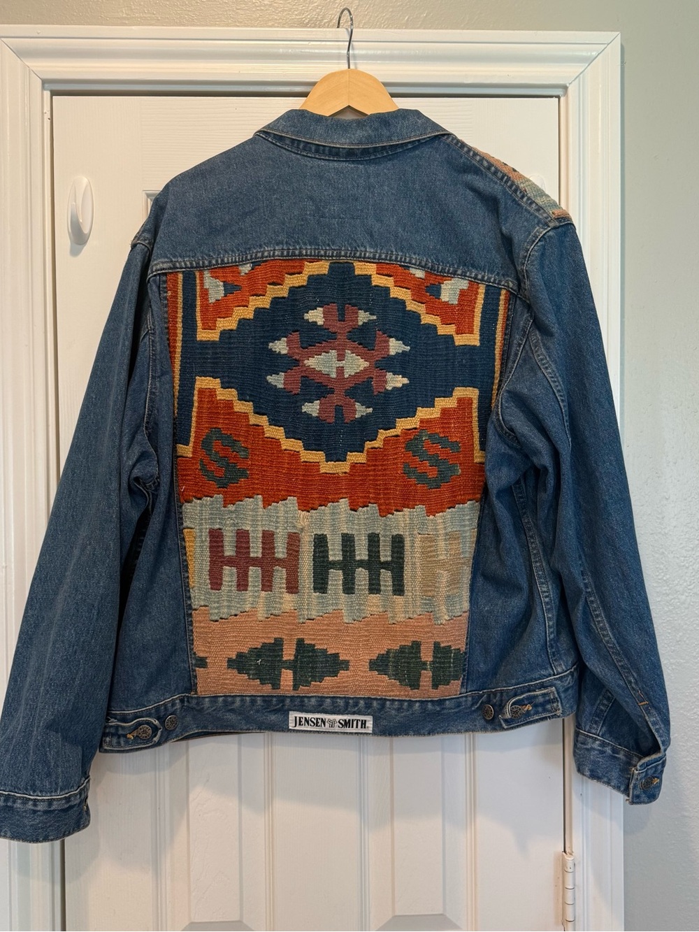 Vintage Jensen Smith Jacket Mens Size XL Blue Denim Western Aztec Kilim 90s USA